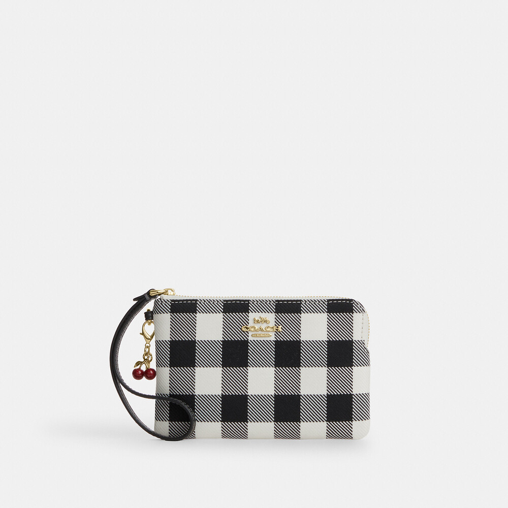 Coach Outlet Corner Zip Wristlet With Gingham Print And Charm